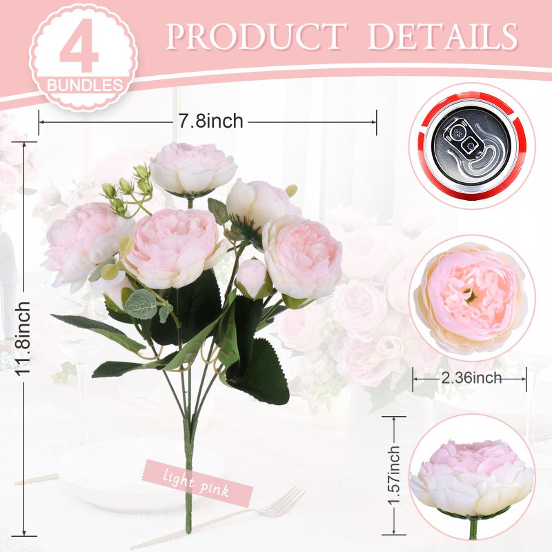 DEEMEI Artificial Peonies Flower Silk Peony Bouquet 4 Bundles Faux Persian Rose with Eucalyptus Leaves for Home Wedding Party Decoration (Light Pink) - Image 4